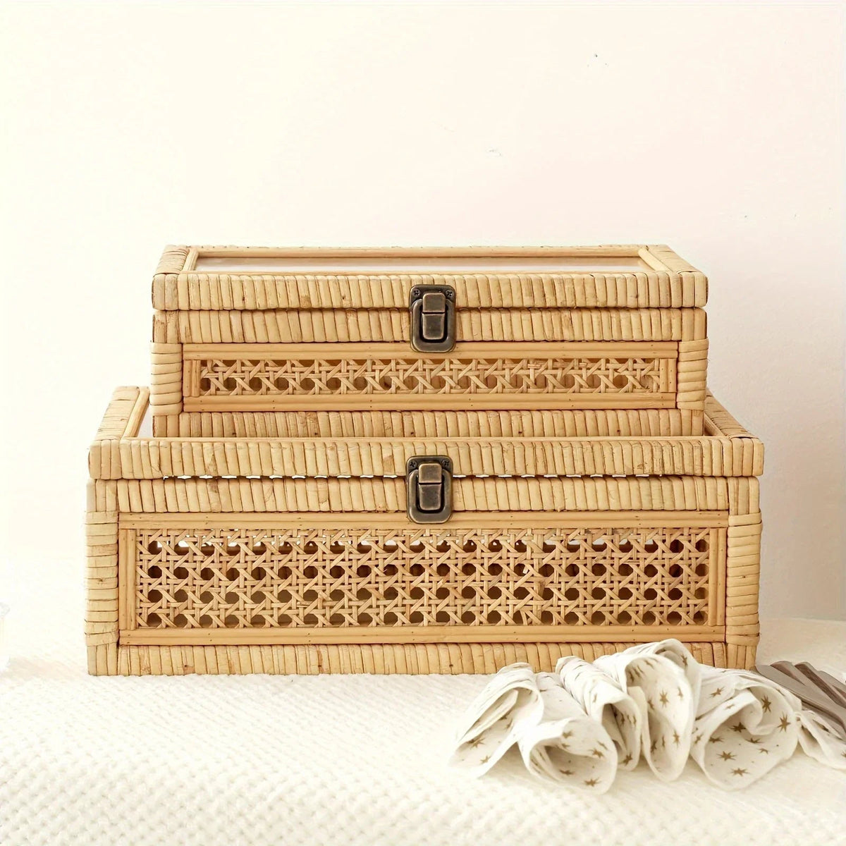 Rattan And Cane Stacking Boxes With Glass Top Lid - Set Of 2 For Boho, And Rustic Farmhouse Decor House Of Avana [[SKU:HOA-DSH-002]]