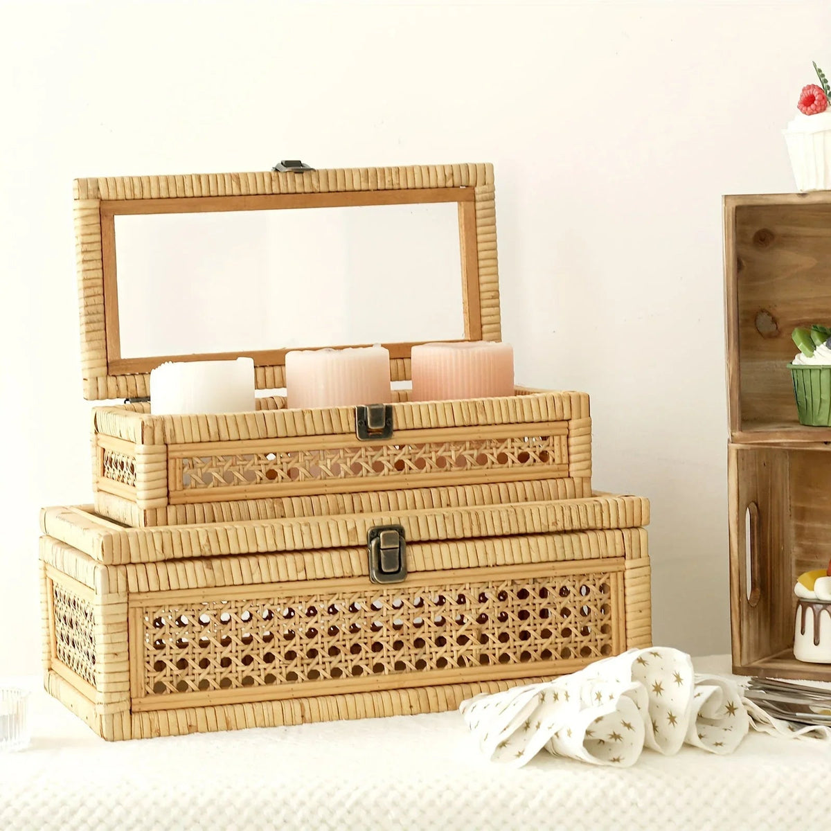 Rattan And Cane Stacking Boxes With Glass Top Lid - Set Of 2 For Boho, And Rustic Farmhouse Decor House Of Avana [[SKU:HOA-DSH-002]]