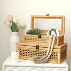 Rattan And Cane Stacking Boxes With Glass Top Lid - Set Of 2 For Boho, And Rustic Farmhouse Decor House Of Avana