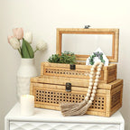 Rattan And Cane Stacking Boxes With Glass Top Lid - Set Of 2 For Boho, And Rustic Farmhouse Decor House Of Avana [[SKU:HOA-DSH-002]]