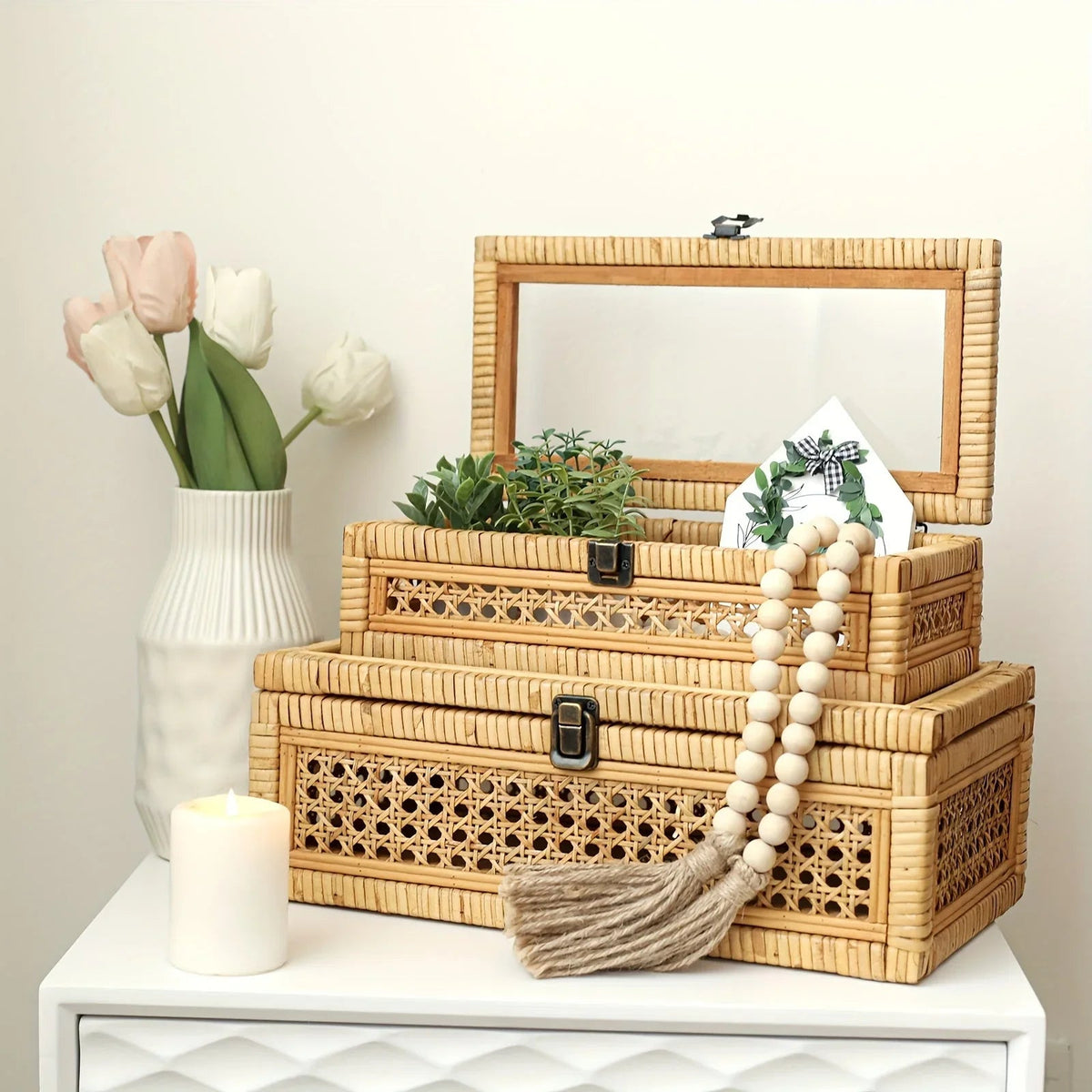 Rattan And Cane Stacking Boxes With Glass Top Lid - Set Of 2 For Boho, And Rustic Farmhouse Decor House Of Avana [[SKU:HOA-DSH-002]]