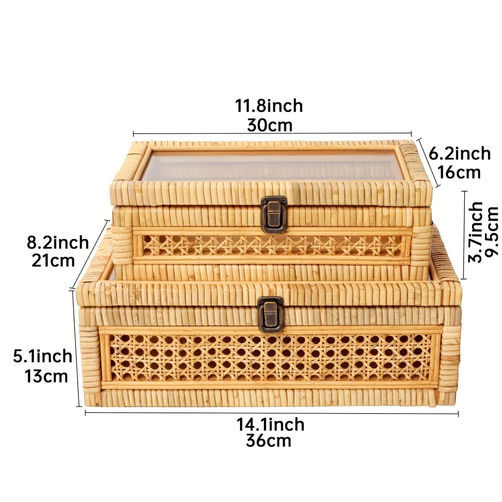 Rattan And Cane Stacking Boxes With Glass Top Lid - Set Of 2 For Boho, And Rustic Farmhouse Decor House Of Avana