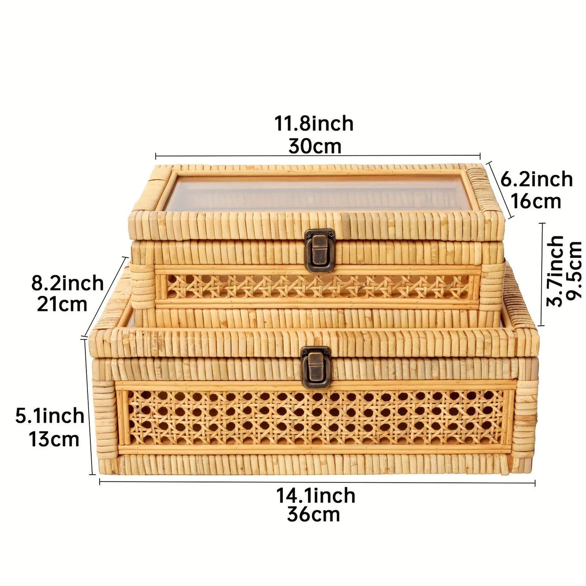 Rattan And Cane Stacking Boxes With Glass Top Lid - Set Of 2 For Boho, And Rustic Farmhouse Decor House Of Avana [[SKU:HOA-DSH-002]]