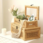 Rattan And Cane Stacking Boxes With Glass Top Lid - Set Of 2 For Boho, And Rustic Farmhouse Decor House Of Avana [[SKU:HOA-DSH-002]]
