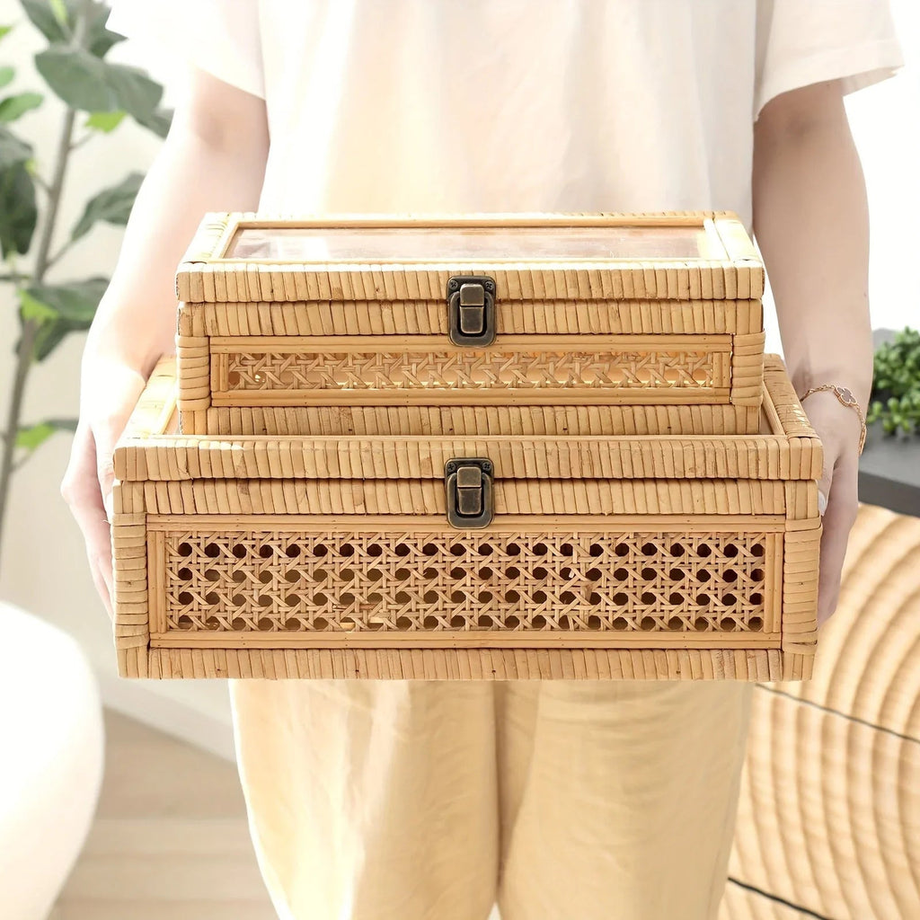 Rattan And Cane Stacking Boxes With Glass Top Lid - Set Of 2 For Boho, And Rustic Farmhouse Decor House Of Avana [[SKU:HOA-DSH-002]]