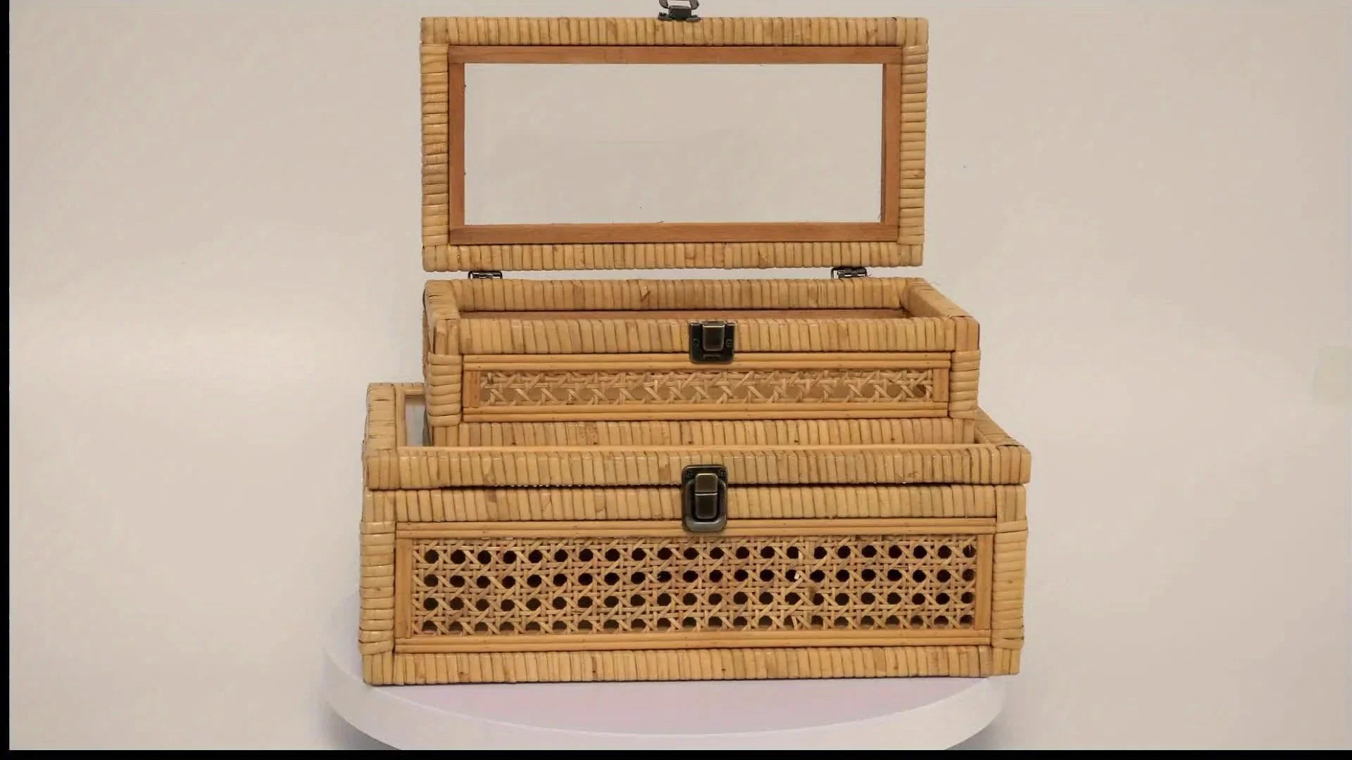 Rattan And Cane Stacking Boxes With Glass Top Lid - Set Of 2 For Boho, And Rustic Farmhouse Decor House Of Avana