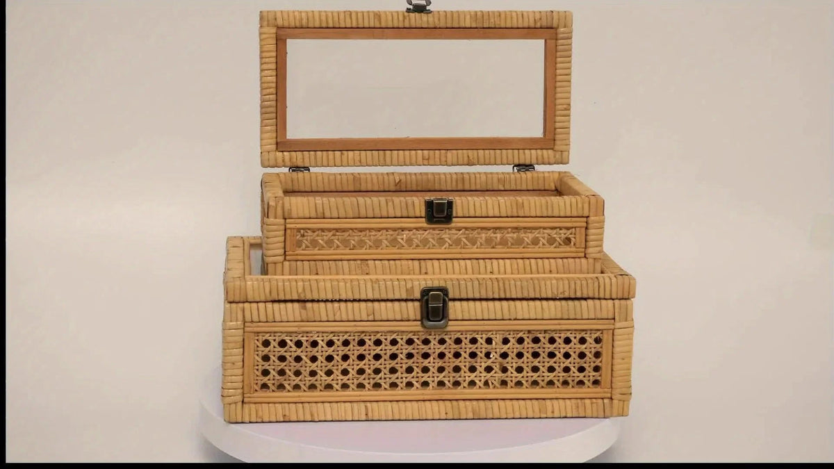 Rattan And Cane Stacking Boxes With Glass Top Lid - Set Of 2 For Boho, And Rustic Farmhouse Decor House Of Avana [[SKU:HOA-DSH-002]]