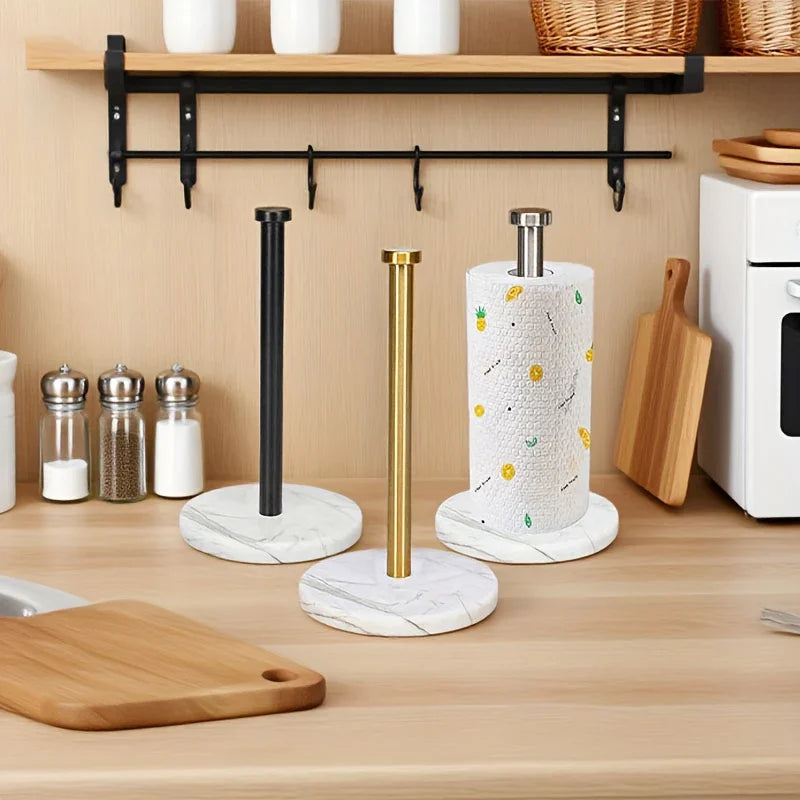 Stainless Steel Heavy-Duty Tissue Roll Dispenser with Marble Base - Modern Black or White Countertop Organizer, One-Hand Operation, Space-Saving Standing Design for Kitchen, Bathroom, Cabinet - Easy-Clean Surface & Decorative House Of Avana