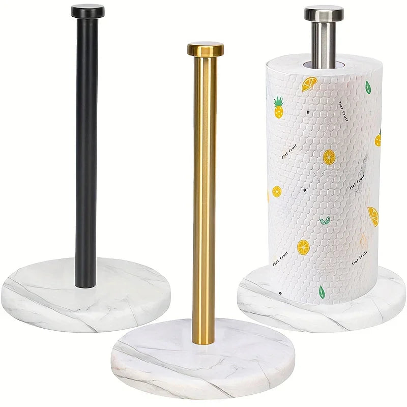 Stainless Steel Heavy-Duty Tissue Roll Dispenser with Marble Base - Modern Black or White Countertop Organizer, One-Hand Operation, Space-Saving Standing Design for Kitchen, Bathroom, Cabinet - Easy-Clean Surface & Decorative House Of Avana