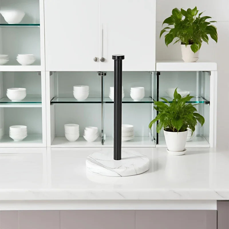 Stainless Steel Heavy-Duty Tissue Roll Dispenser with Marble Base - Modern Black or White Countertop Organizer, One-Hand Operation, Space-Saving Standing Design for Kitchen, Bathroom, Cabinet - Easy-Clean Surface & Decorative House Of Avana