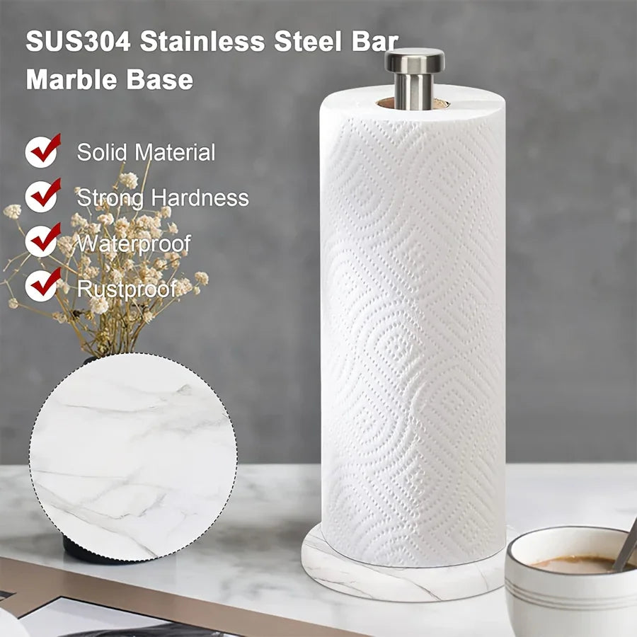 Stainless Steel Heavy-Duty Tissue Roll Dispenser with Marble Base - Modern Black or White Countertop Organizer, One-Hand Operation, Space-Saving Standing Design for Kitchen, Bathroom, Cabinet - Easy-Clean Surface & Decorative House Of Avana
