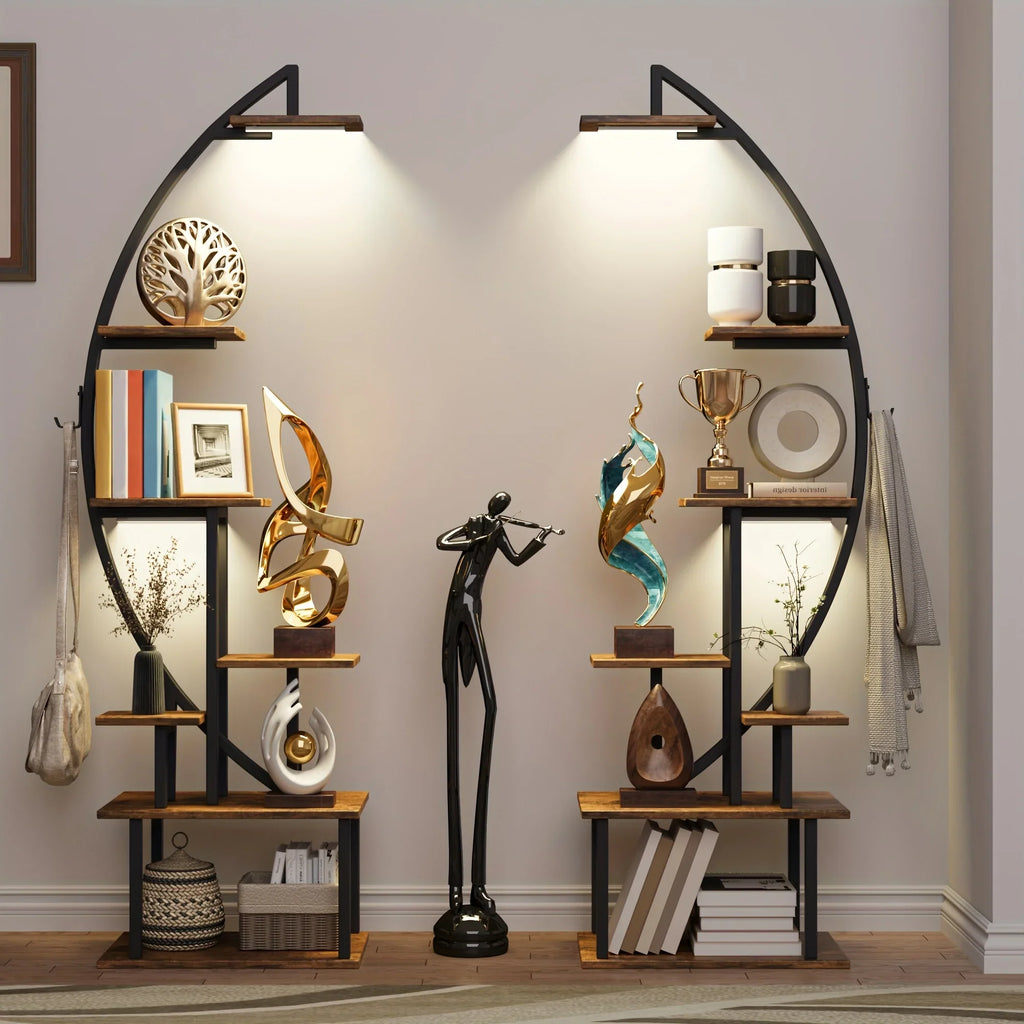 S Bookshelf with Lights, Tiered 65' Multi-functional Metal Black&brown Shelving Unit Wood Bookcase for... - House Of Avana