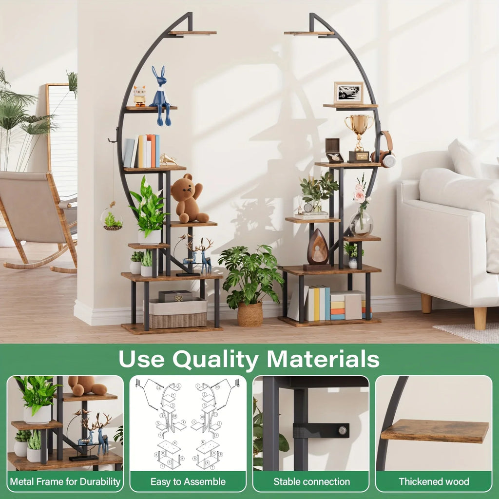 S Bookshelf with Lights, Tiered 65' Multi-functional Metal Black&brown Shelving Unit Wood Bookcase for... - House Of Avana