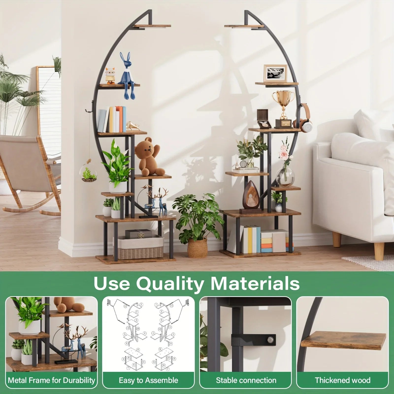 S Bookshelf with Lights, Tiered 65' Multi-functional Metal Black&brown Shelving Unit Wood Bookcase for... - House Of Avana