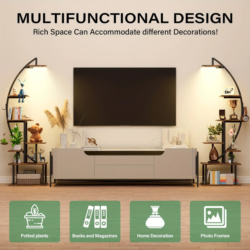 S Bookshelf with Lights, Tiered 65' Multi-functional Metal Black&brown Shelving Unit Wood Bookcase for... - House Of Avana