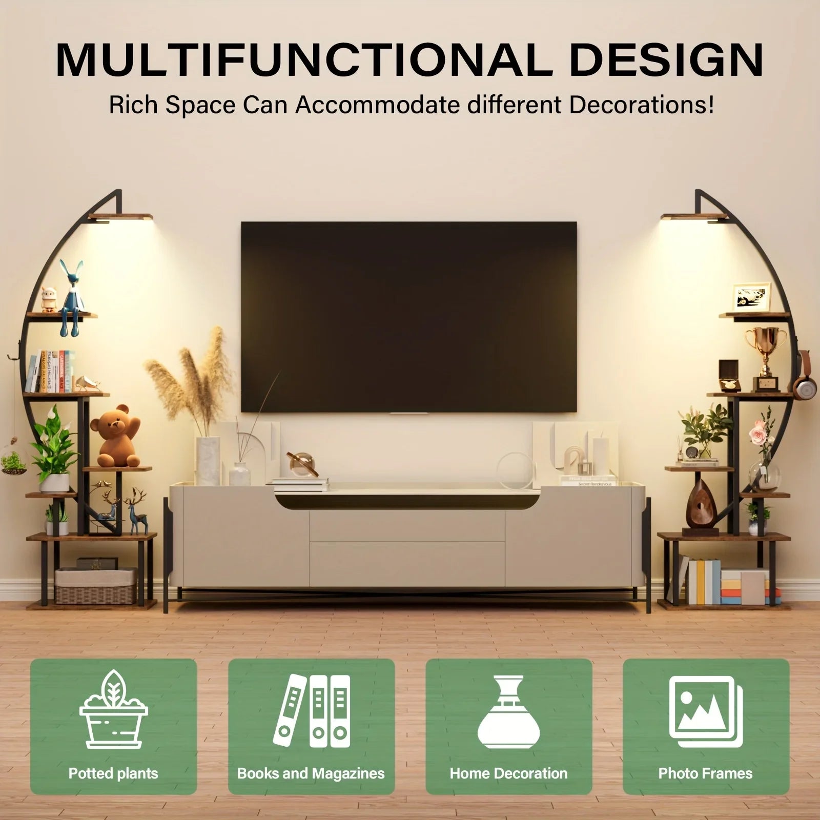 S Bookshelf with Lights, Tiered 65' Multi-functional Metal Black&brown Shelving Unit Wood Bookcase for... - House Of Avana