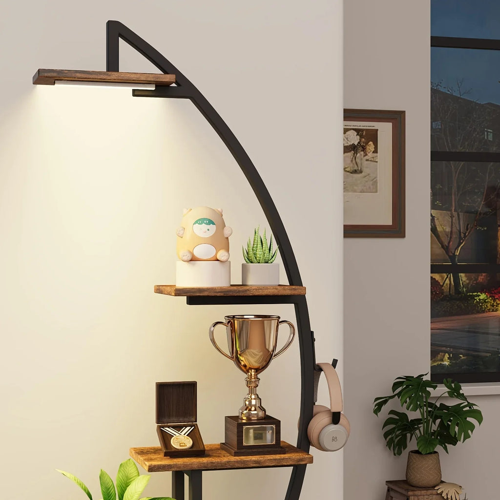 S Bookshelf with Lights, Tiered 65' Multi-functional Metal Black&brown Shelving Unit Wood Bookcase for... - House Of Avana