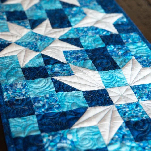 Standout Stars in Icy Blue Quilted Table Runner Precut Quilt Kit Block Party Quilt Co