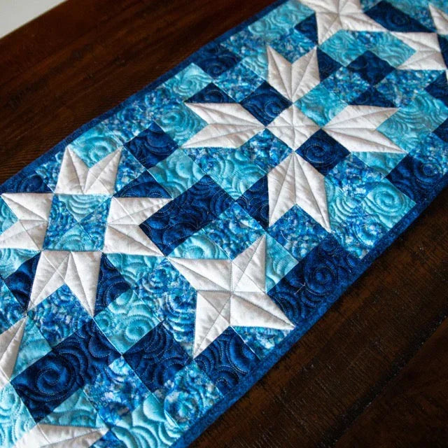 Standout Stars in Icy Blue Quilted Table Runner Precut Quilt Kit Block Party Quilt Co