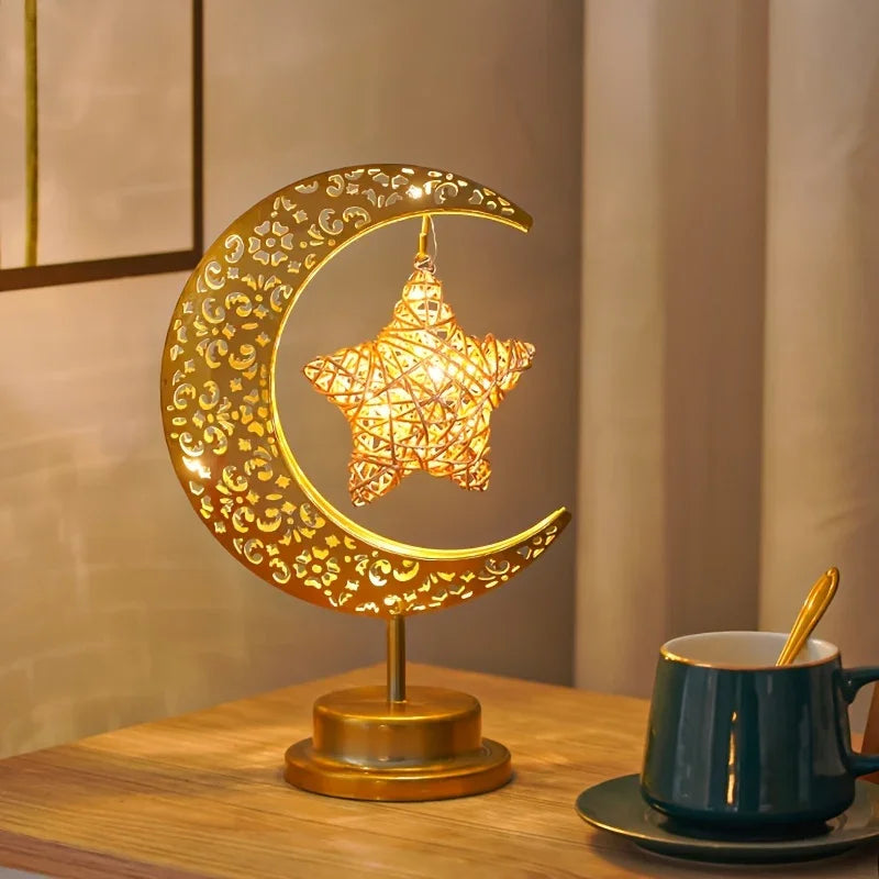 Shenzhi Tech Star & Moon Metal Rattan Night Light - Decorative LED Lamp with Golden Crescent Moon & Star Design, Perfect for Bedroom, Kitchen Table, or Desk Decor, Boho Home Ambient Lighting, Table Lamp House Of Avana