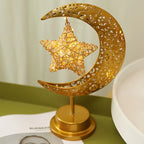 Shenzhi Tech Star & Moon Metal Rattan Night Light - Decorative LED Lamp with Golden Crescent Moon & Star Design, Perfect for Bedroom, Kitchen Table, or Desk Decor, Boho Home Ambient Lighting, Table Lamp House Of Avana