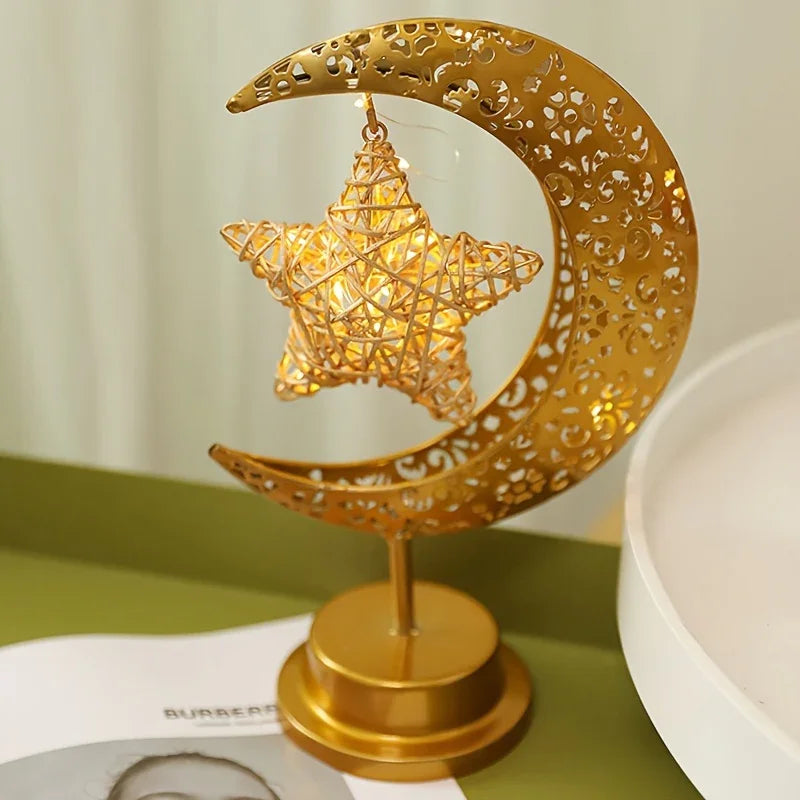 Shenzhi Tech Star & Moon Metal Rattan Night Light - Decorative LED Lamp with Golden Crescent Moon & Star Design, Perfect for Bedroom, Kitchen Table, or Desk Decor, Boho Home Ambient Lighting, Table Lamp House Of Avana