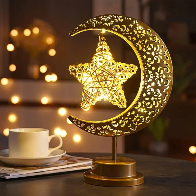 Shenzhi Tech Star & Moon Metal Rattan Night Light - Decorative LED Lamp with Golden Crescent Moon & Star Design, Perfect for Bedroom, Kitchen Table, or Desk Decor, Boho Home Ambient Lighting, Table Lamp House Of Avana