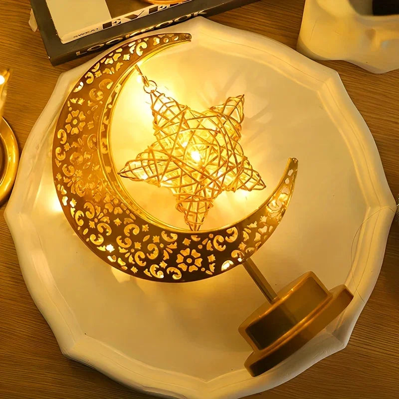 Shenzhi Tech Star & Moon Metal Rattan Night Light - Decorative LED Lamp with Golden Crescent Moon & Star Design, Perfect for Bedroom, Kitchen Table, or Desk Decor, Boho Home Ambient Lighting, Table Lamp House Of Avana