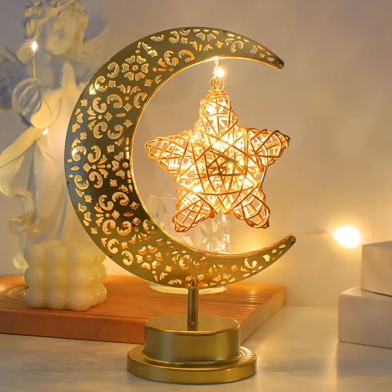 Shenzhi Tech Star & Moon Metal Rattan Night Light - Decorative LED Lamp with Golden Crescent Moon & Star Design, Perfect for Bedroom, Kitchen Table, or Desk Decor, Boho Home Ambient Lighting, Table Lamp House Of Avana