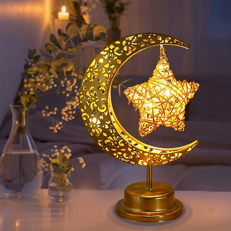 Shenzhi Tech Star & Moon Metal Rattan Night Light - Decorative LED Lamp with Golden Crescent Moon & Star Design, Perfect for Bedroom, Kitchen Table, or Desk Decor, Boho Home Ambient Lighting, Table Lamp House Of Avana