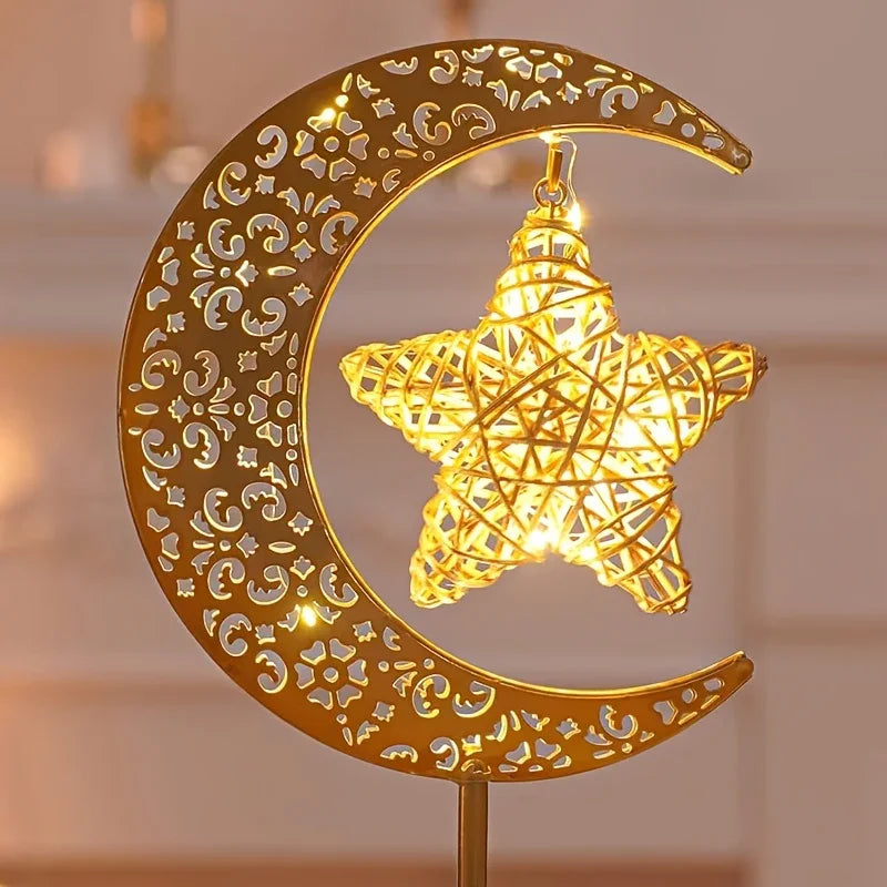 Shenzhi Tech Star & Moon Metal Rattan Night Light - Decorative LED Lamp with Golden Crescent Moon & Star Design, Perfect for Bedroom, Kitchen Table, or Desk Decor, Boho Home Ambient Lighting, Table Lamp House Of Avana