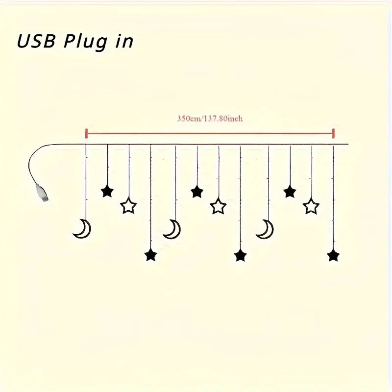 Ramadan Celebration LED Fairy Lights, Eid al-Fitr Star and Moon Pattern String Lights, USB-Powered Curtain Light Eid al-Adha Decoration, for Christmas, Weddings, Wall, Tree, Home, Party Decor House Of Avana