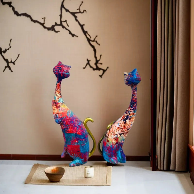 S Oil Painting Cat Statue Home Decor Graffiti Cats Animal Sculpture Modern Design Figurine European... - House Of Avana