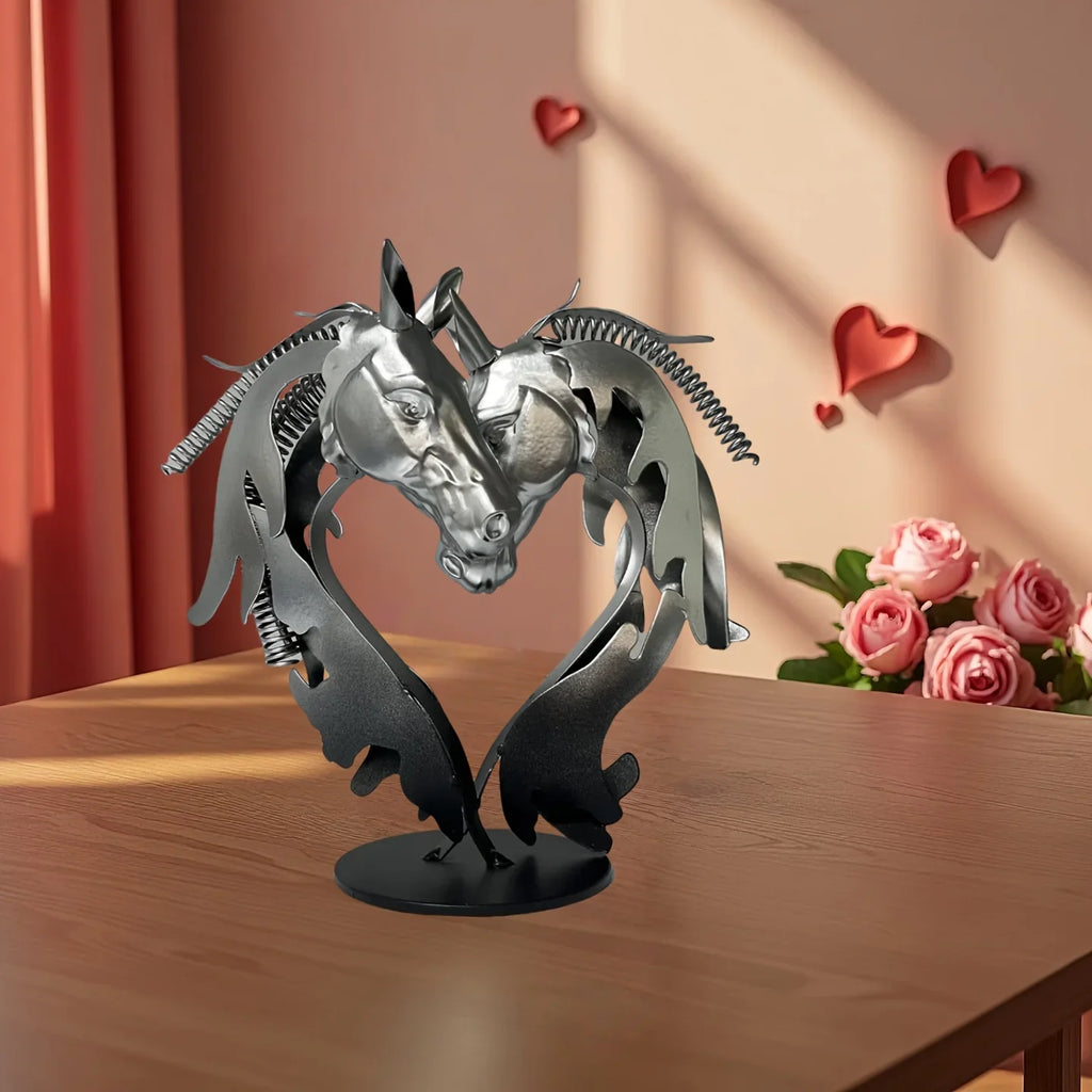 Metal Statue - Double Horse Head Romantic Sculpture, detail shot - House Of Avana
