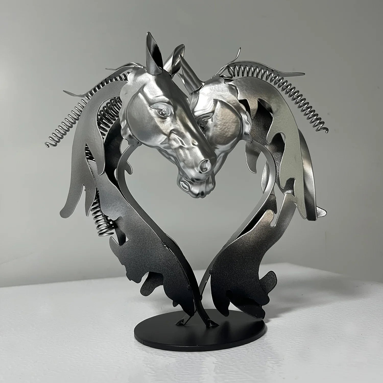 Metal Statue - Double Horse Head Romantic Sculpture, front view - House Of Avana
