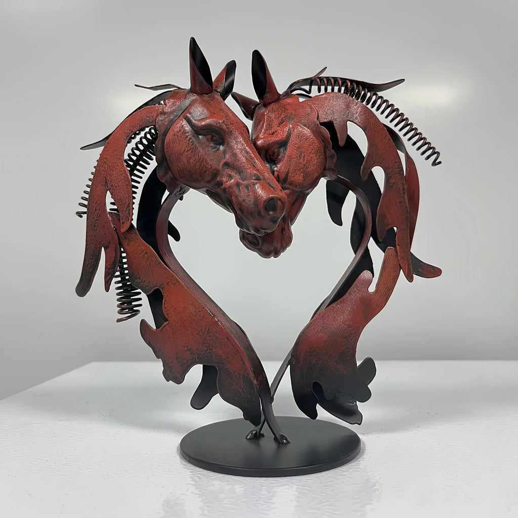 Metal Statue - Double Horse Head Romantic Sculpture, side view - House Of Avana