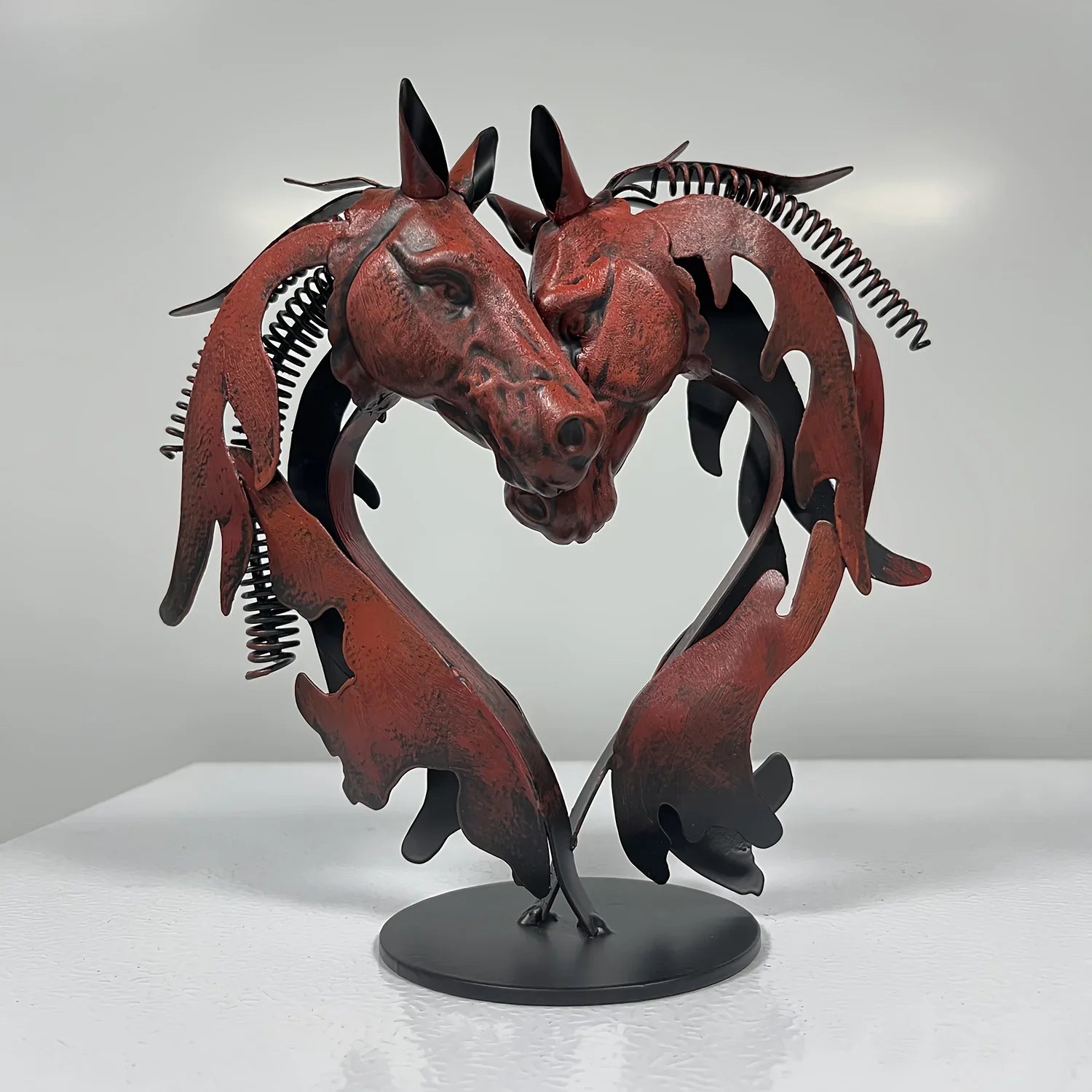 Metal Statue - Double Horse Head Romantic Sculpture, side view - House Of Avana