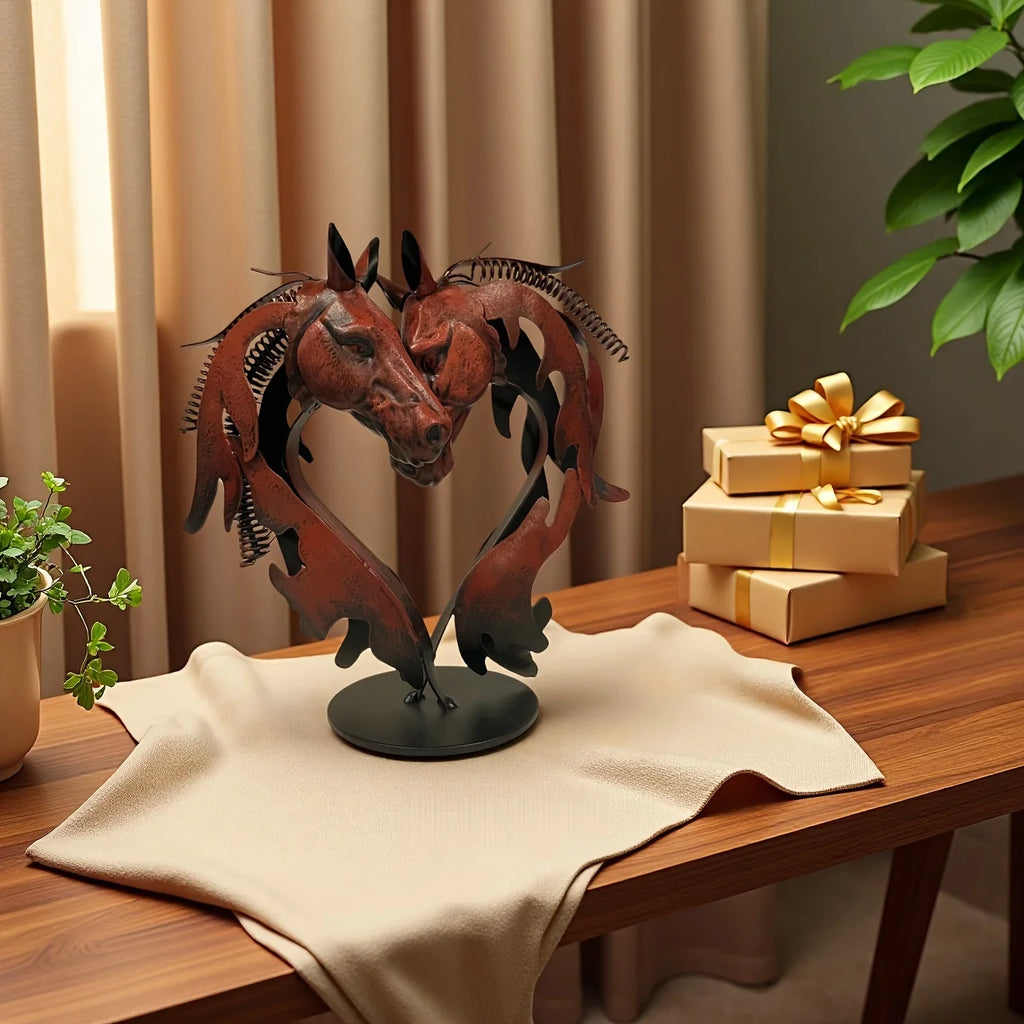 Metal Statue - Double Horse Head Romantic Sculpture, top view - House Of Avana