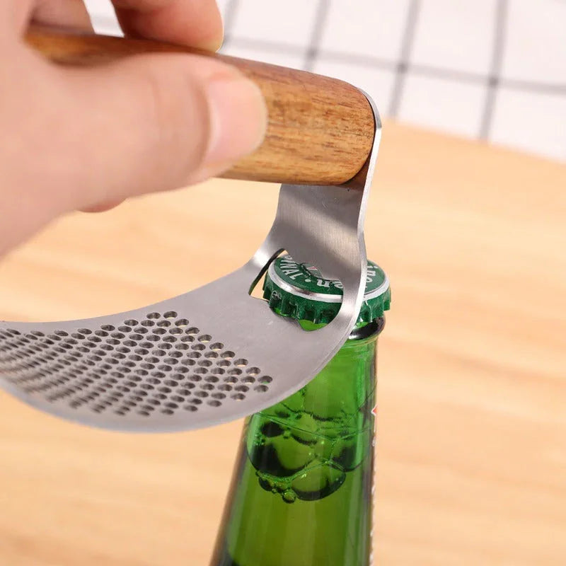 Durable Stainless Steel Garlic Press with Wooden Handle & Built-in Bottle Opener - Easy-to-use Manual... - House Of Avana