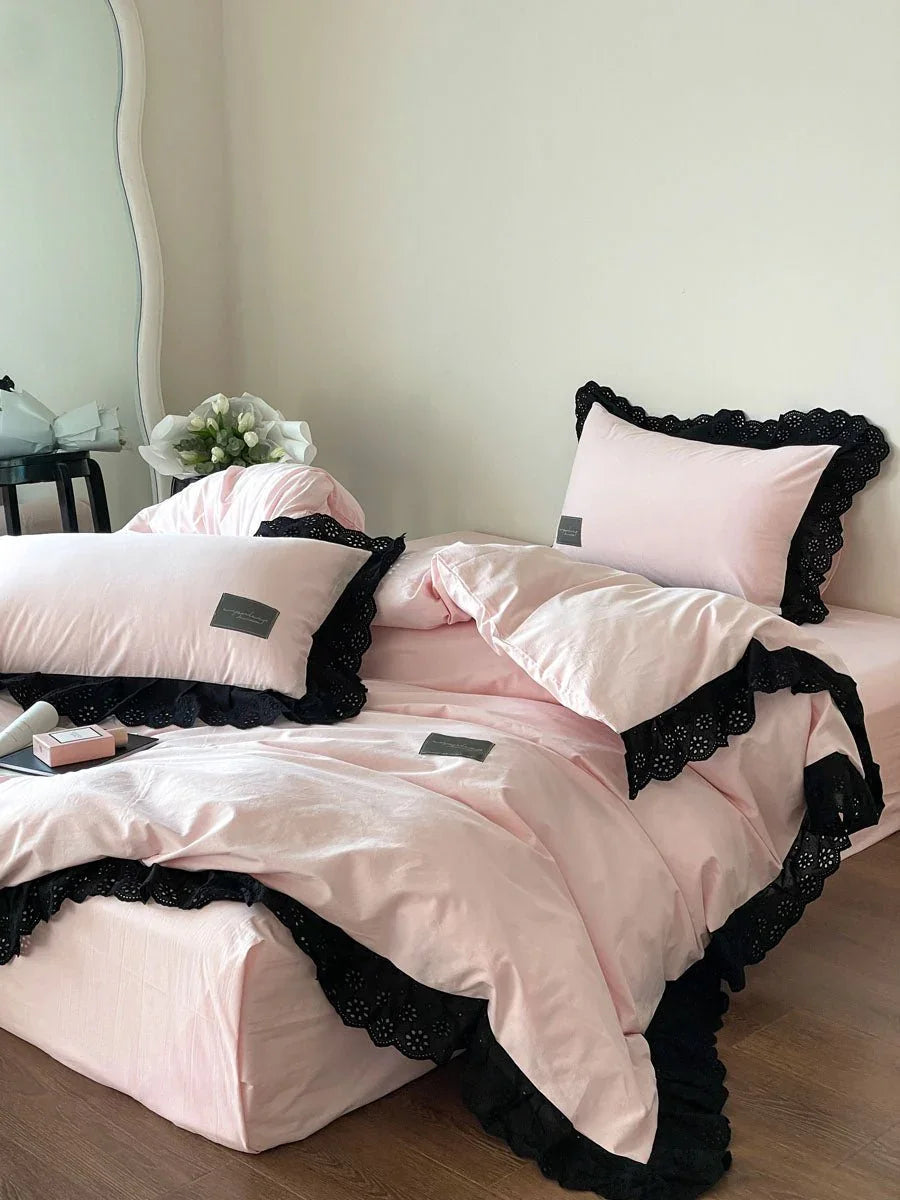 Strawberry Black Lace Ruffle Bedding Set Ever Lasting