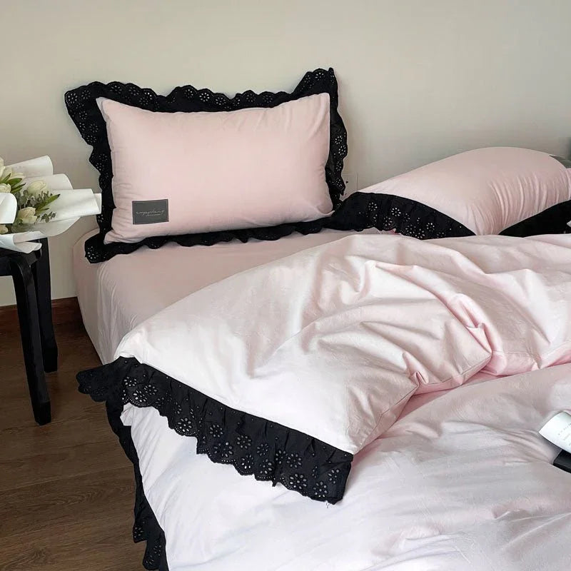 Strawberry Black Lace Ruffle Bedding Set Ever Lasting