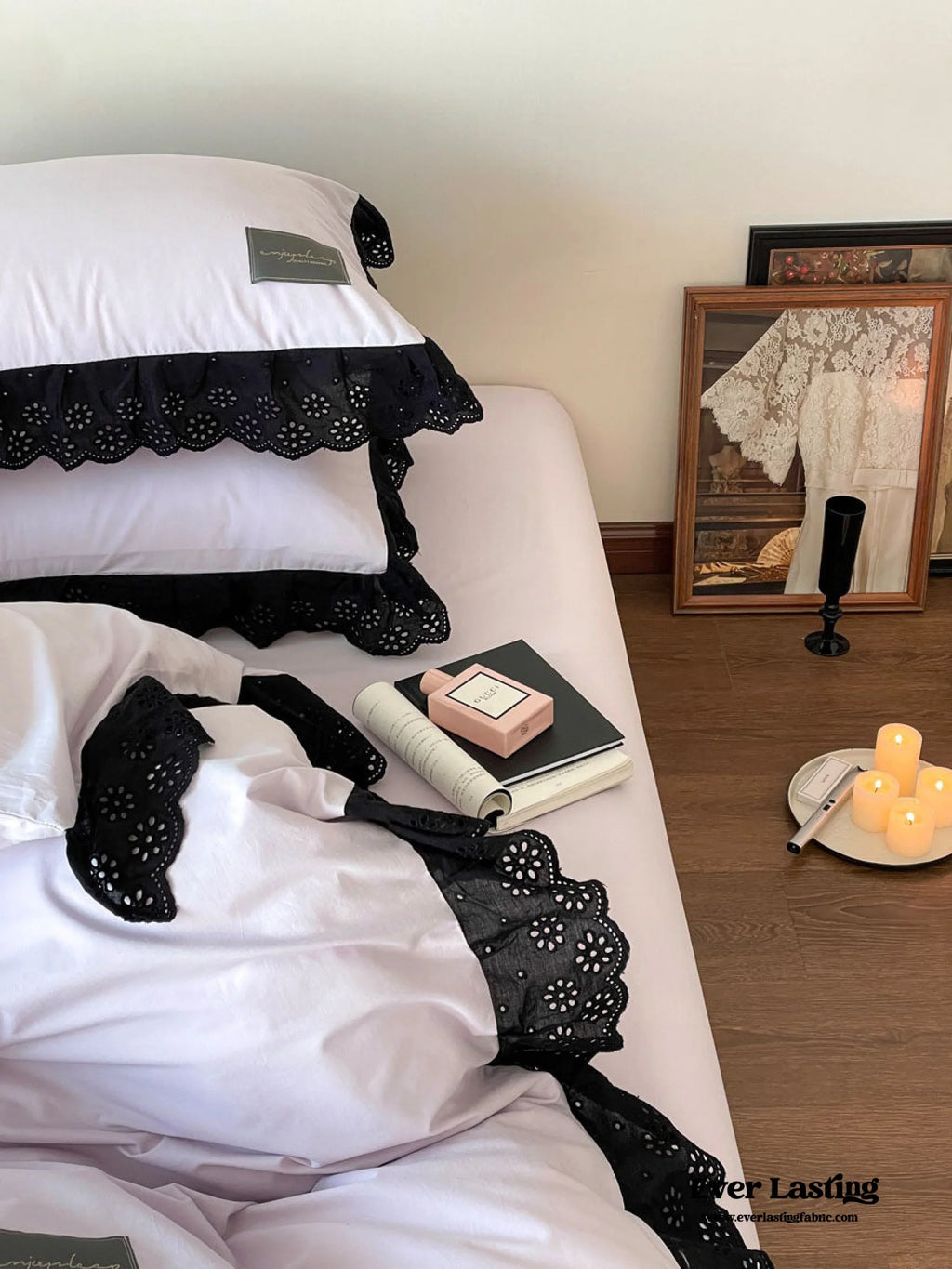 Strawberry Black Lace Ruffle Bedding Set Ever Lasting