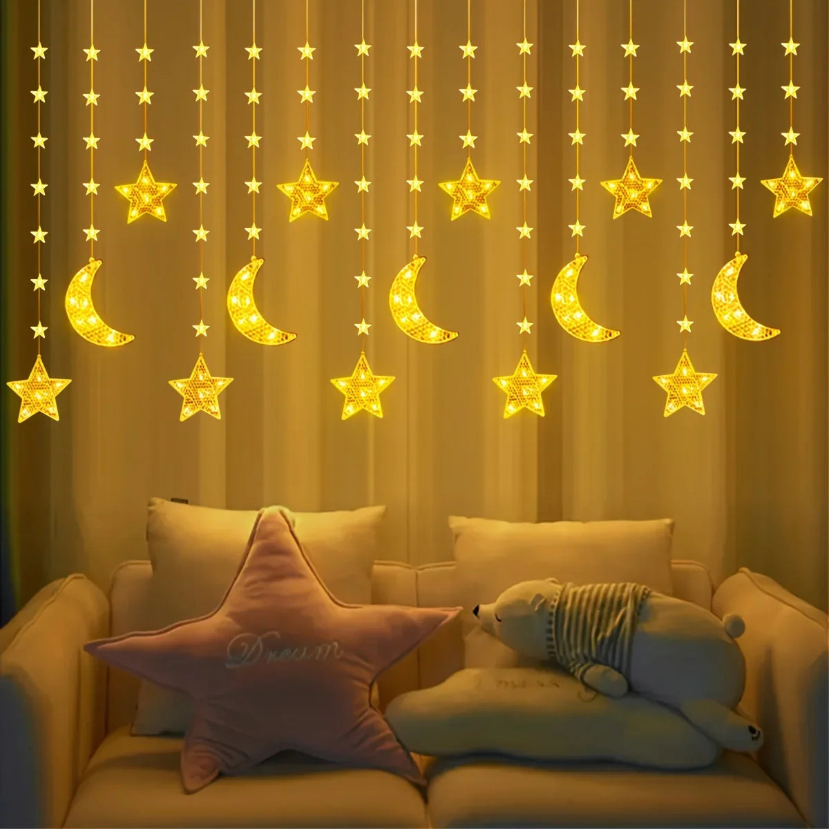 1pc Moon & Star LED String Lights - 9.84ft/300cm USB-Powered Warm White & Golden Glow with 8 Modes, Crescent Moon & Star Shapes for Ramadan, Eid, Weddings, Parties, /Outdoor Fairy Lights (Low Voltage, Plug-in via USB) House Of Avana [[SKU:HOA-LGT-002]]