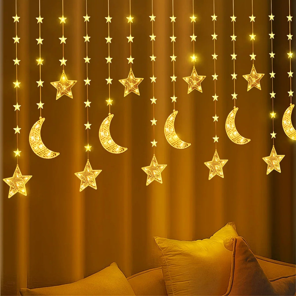 1pc Moon & Star LED String Lights - 9.84ft/300cm USB-Powered Warm White & Golden Glow with 8 Modes, Crescent Moon & Star Shapes for Ramadan, Eid, Weddings, Parties, /Outdoor Fairy Lights (Low Voltage, Plug-in via USB) House Of Avana [[SKU:HOA-LGT-002]]