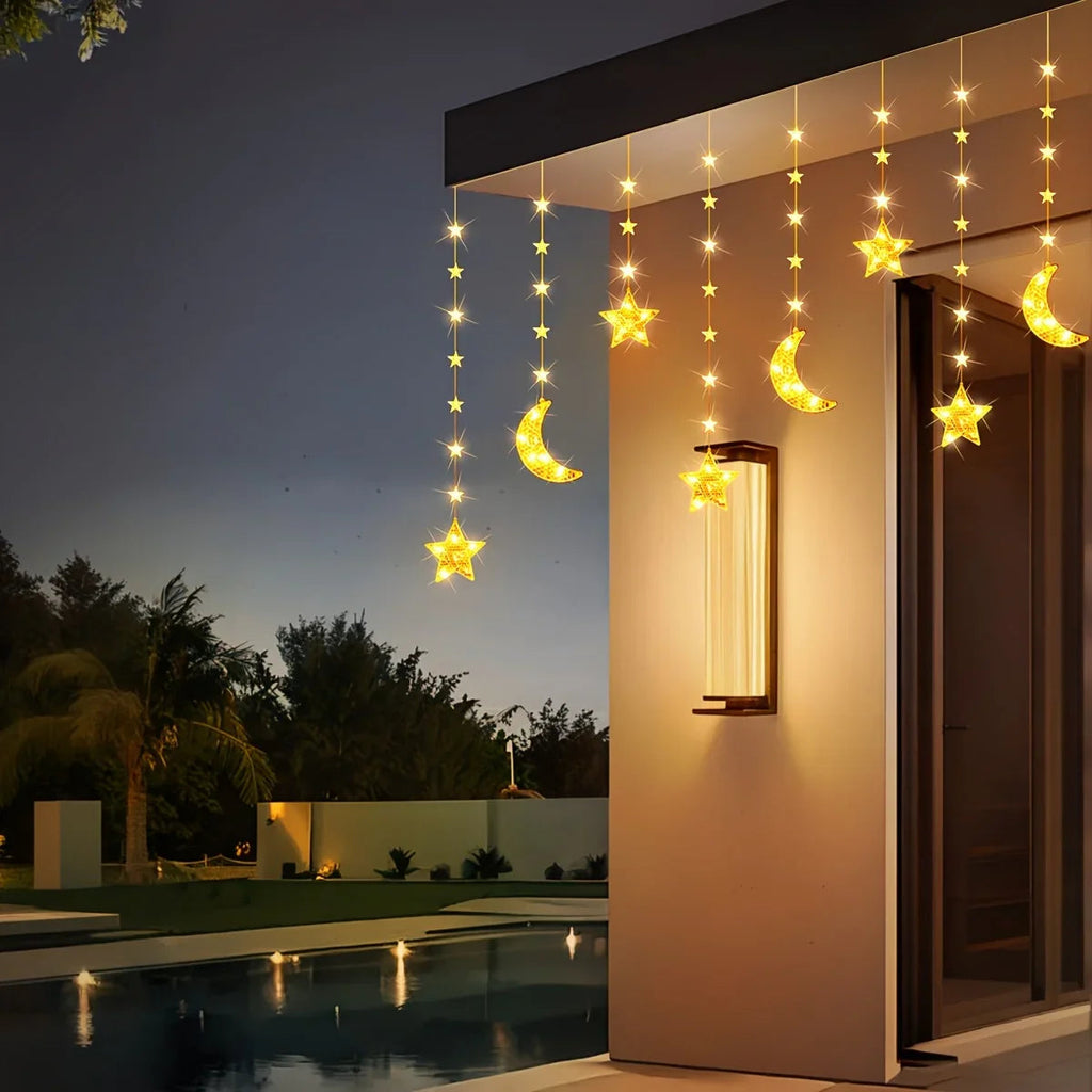 1pc Moon & Star LED String Lights - 9.84ft/300cm USB-Powered Warm White & Golden Glow with 8 Modes, Crescent Moon & Star Shapes for Ramadan, Eid, Weddings, Parties, /Outdoor Fairy Lights (Low Voltage, Plug-in via USB) House Of Avana [[SKU:HOA-LGT-002]]