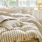 Stripe Buttoned Bedding Set / Beige Brown Ever Lasting