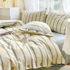 Stripe Buttoned Bedding Set / Beige Brown Ever Lasting