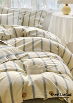 Stripe Buttoned Bedding Set / Beige Brown Ever Lasting