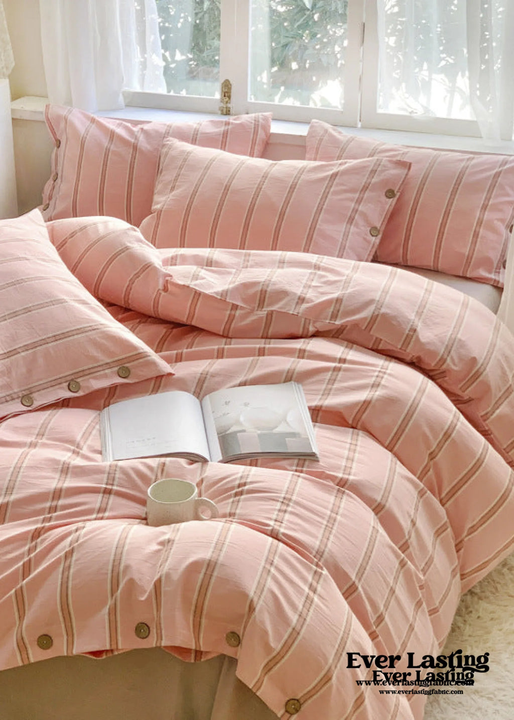 Stripe Buttoned Bedding Set / Beige Brown Ever Lasting