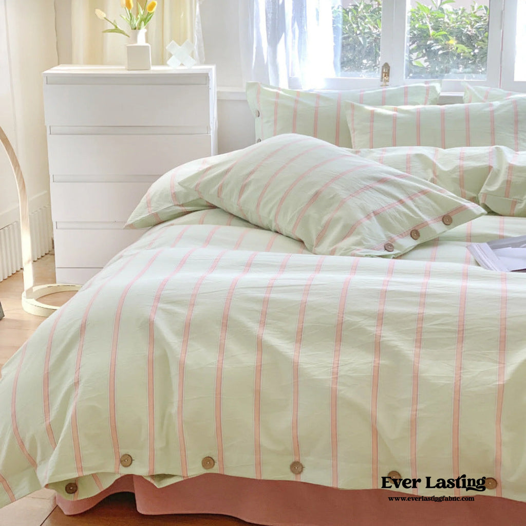 Stripe Buttoned Bedding Set / Beige Brown Ever Lasting